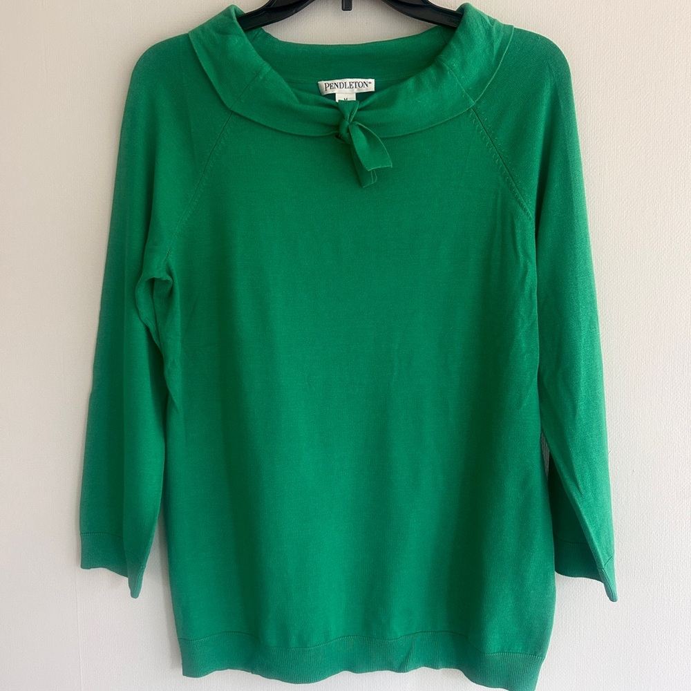PENDLETON Kelly Green Bow Neck Silk Blend Sweater Retro Preppy Old Money | Sz M - Picture 3 of 12